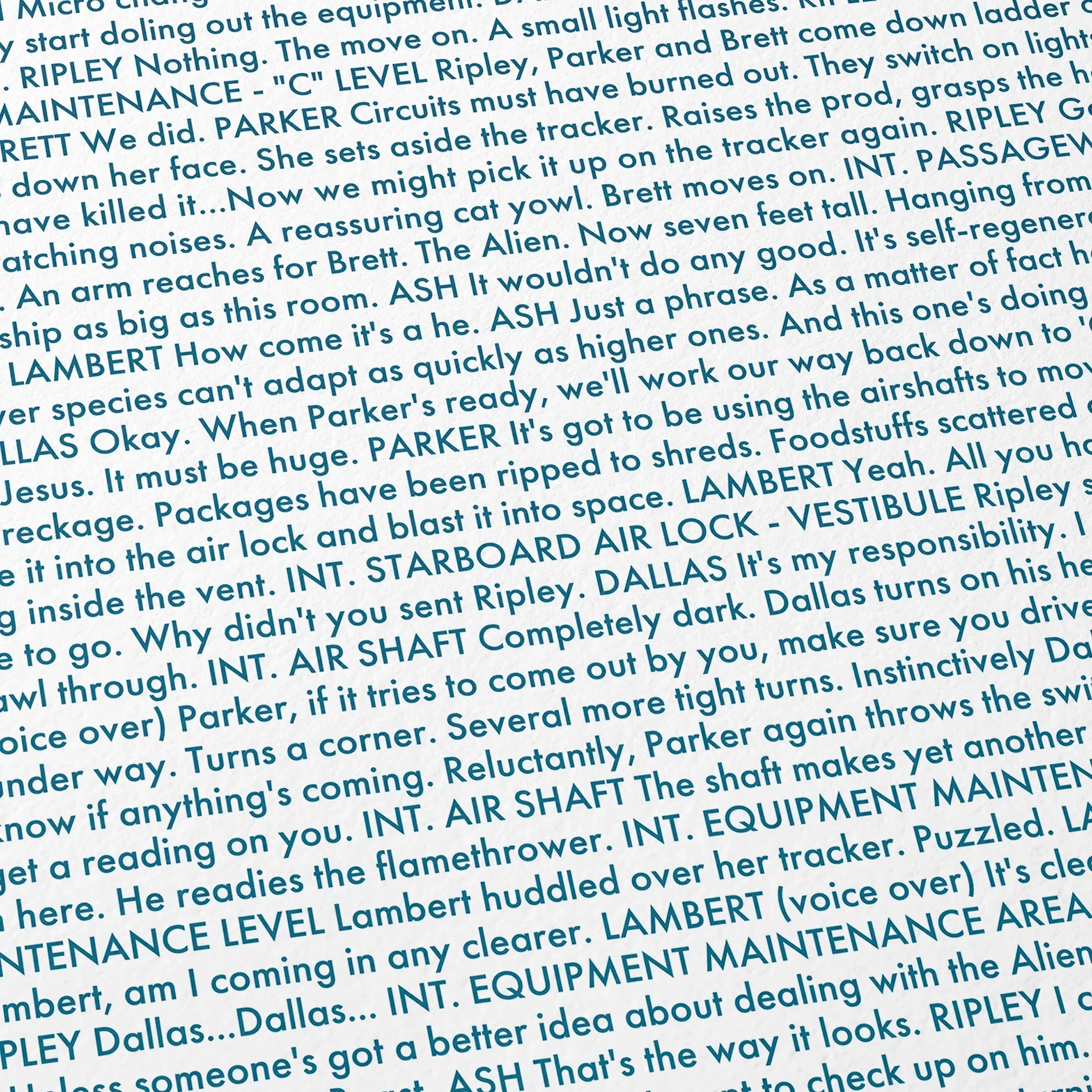Close-up detail of the Alien movie script poster showing dense typographic text.