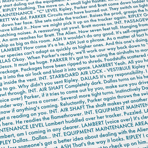 Close-up detail of the Alien movie script poster showing dense typographic text.
