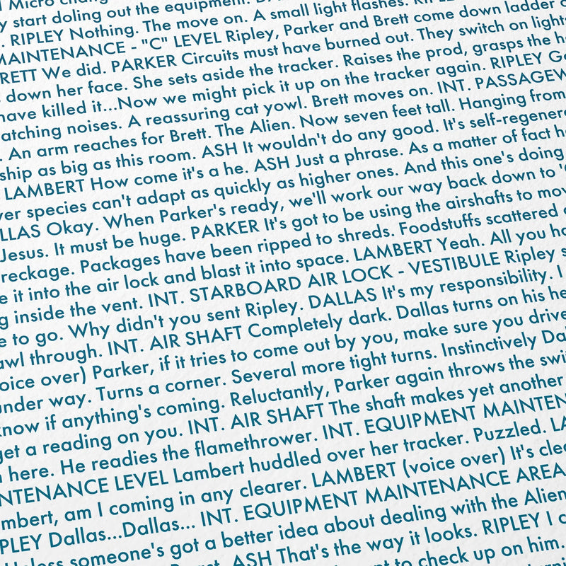 Close-up detail of the Alien movie script poster showing dense typographic text.