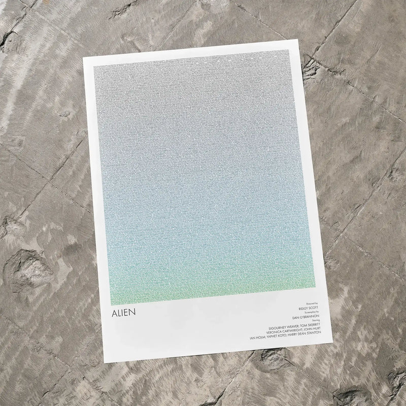 A Alien movie script poster laid flat on a textured floor surface.