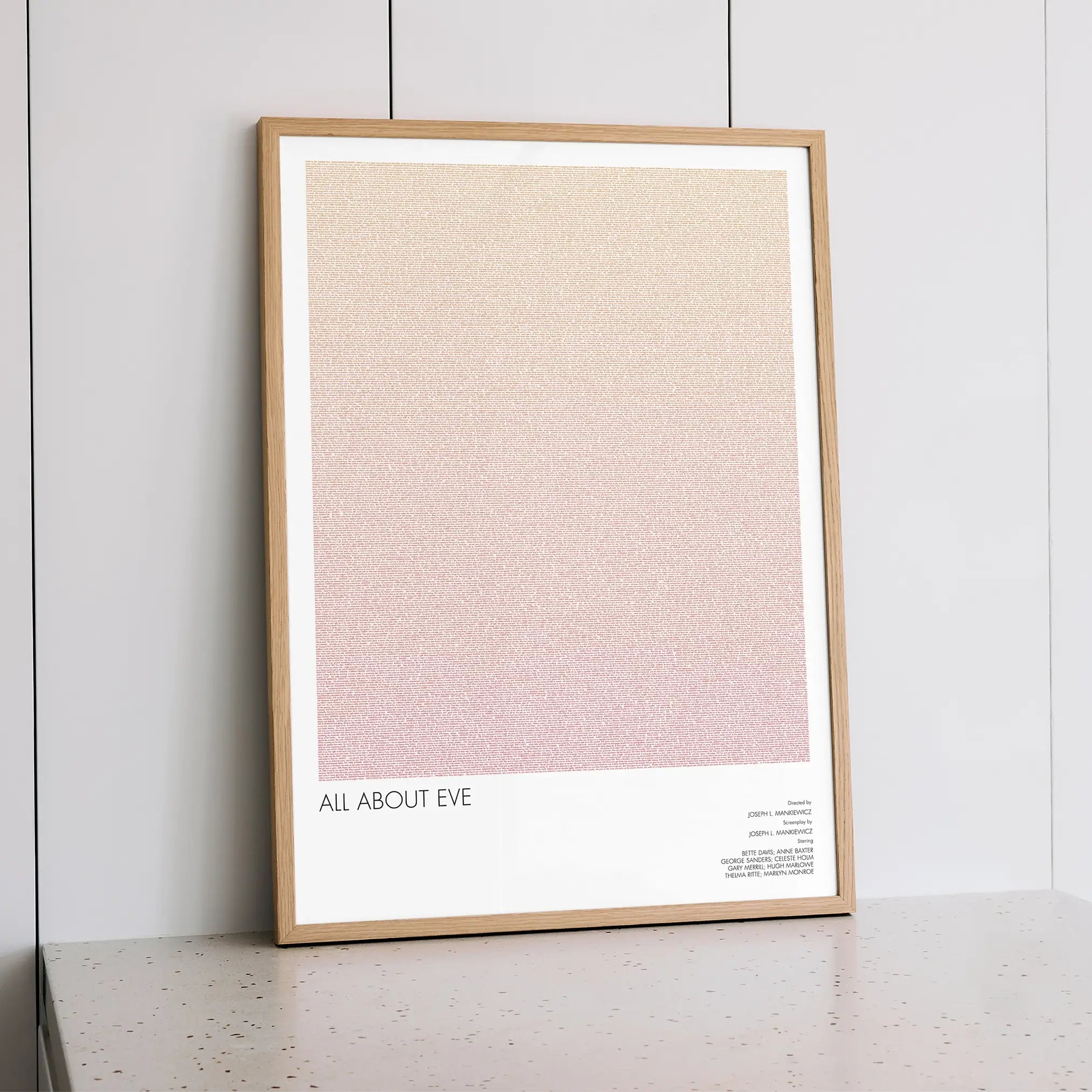 A framed All About Eve movie script poster styled within a calm interior space.