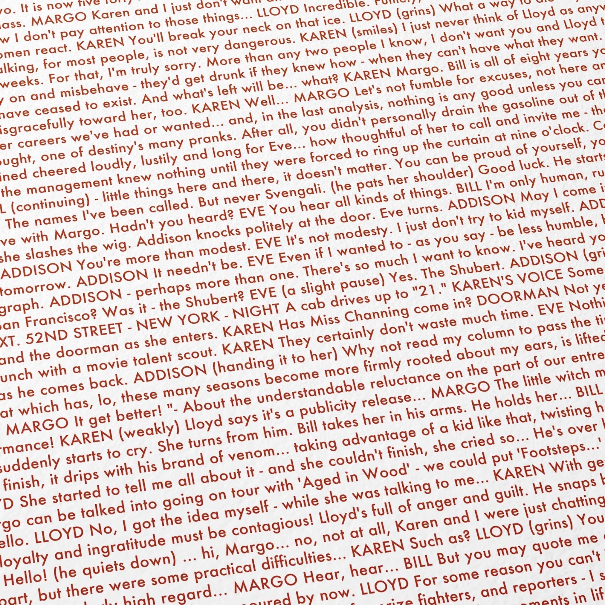 Close-up detail of the All About Eve movie script poster showing dense typographic text.
