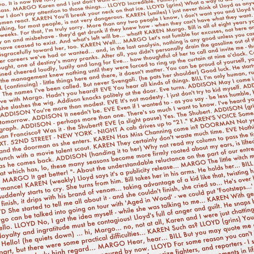 Close-up detail of the All About Eve movie script poster showing dense typographic text.