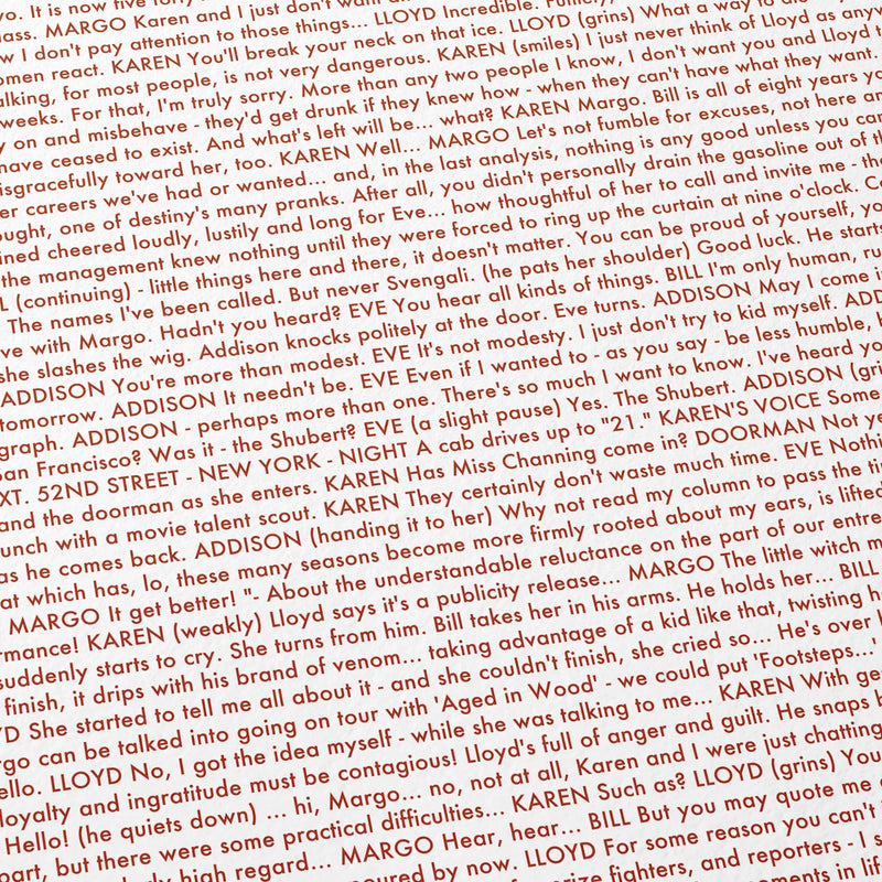 Close-up detail of the All About Eve movie script poster showing dense typographic text.