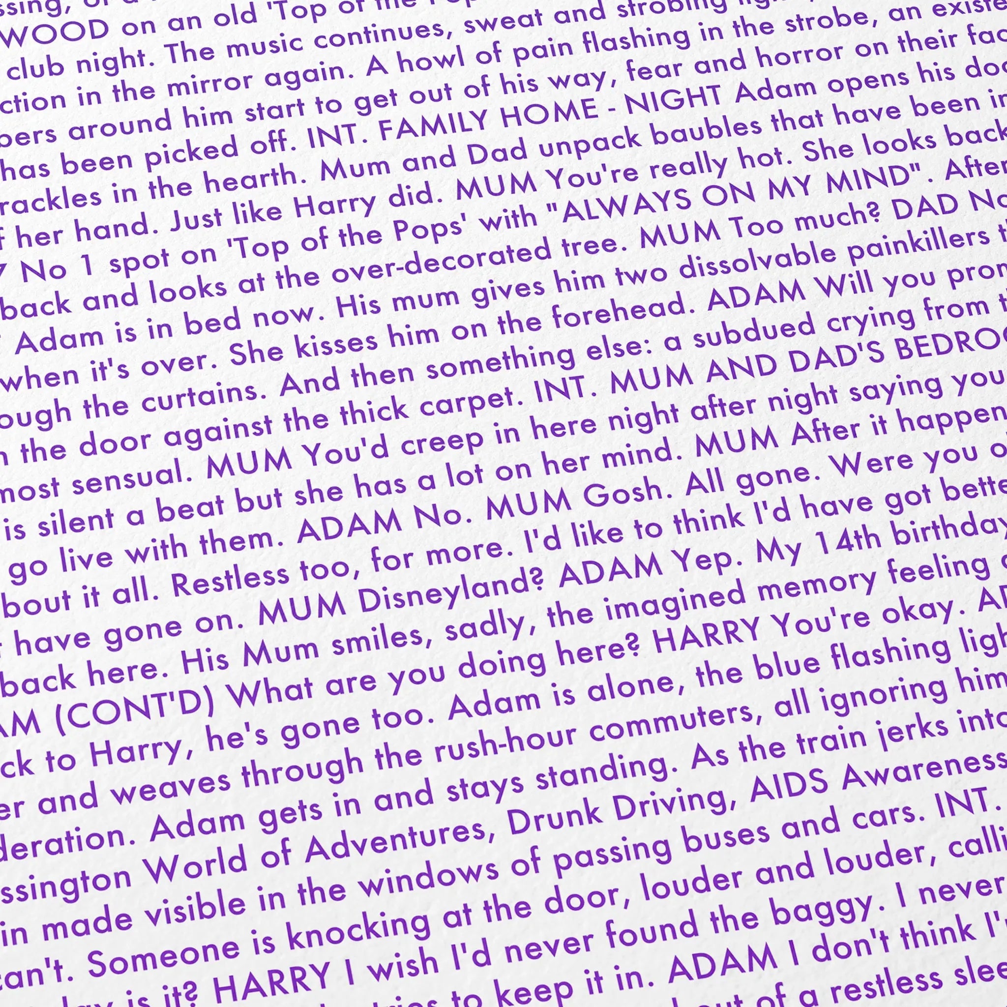 Close-up detail of the All of Us Strangers movie script poster showing dense typographic text.
