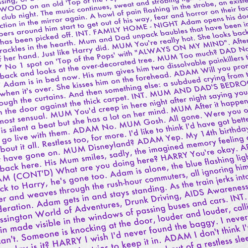 Close-up detail of the All of Us Strangers movie script poster showing dense typographic text.