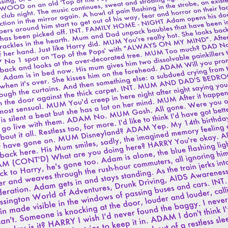 Close-up detail of the All of Us Strangers movie script poster showing dense typographic text.