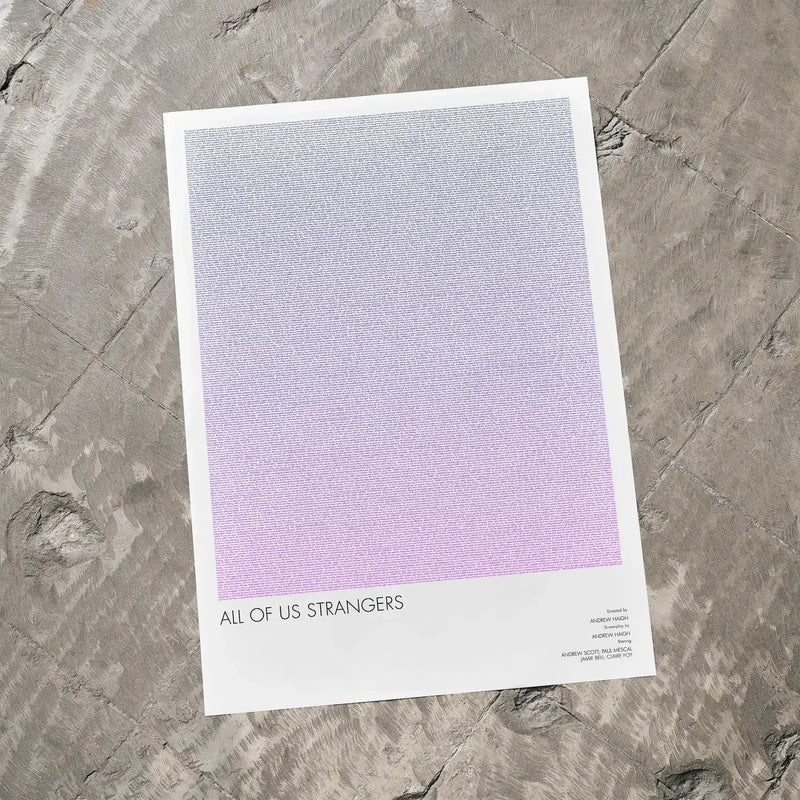 A All of Us Strangers movie script poster laid flat on a textured floor surface.