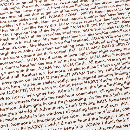 Close-up detail of the All of Us Strangers movie script poster showing dense typographic text.