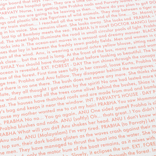 Close-up detail of the All We Imagine as Light movie script poster showing dense typographic text.