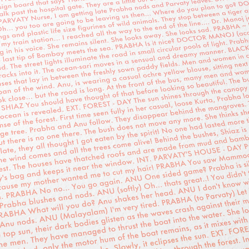 Close-up detail of the All We Imagine as Light movie script poster showing dense typographic text.