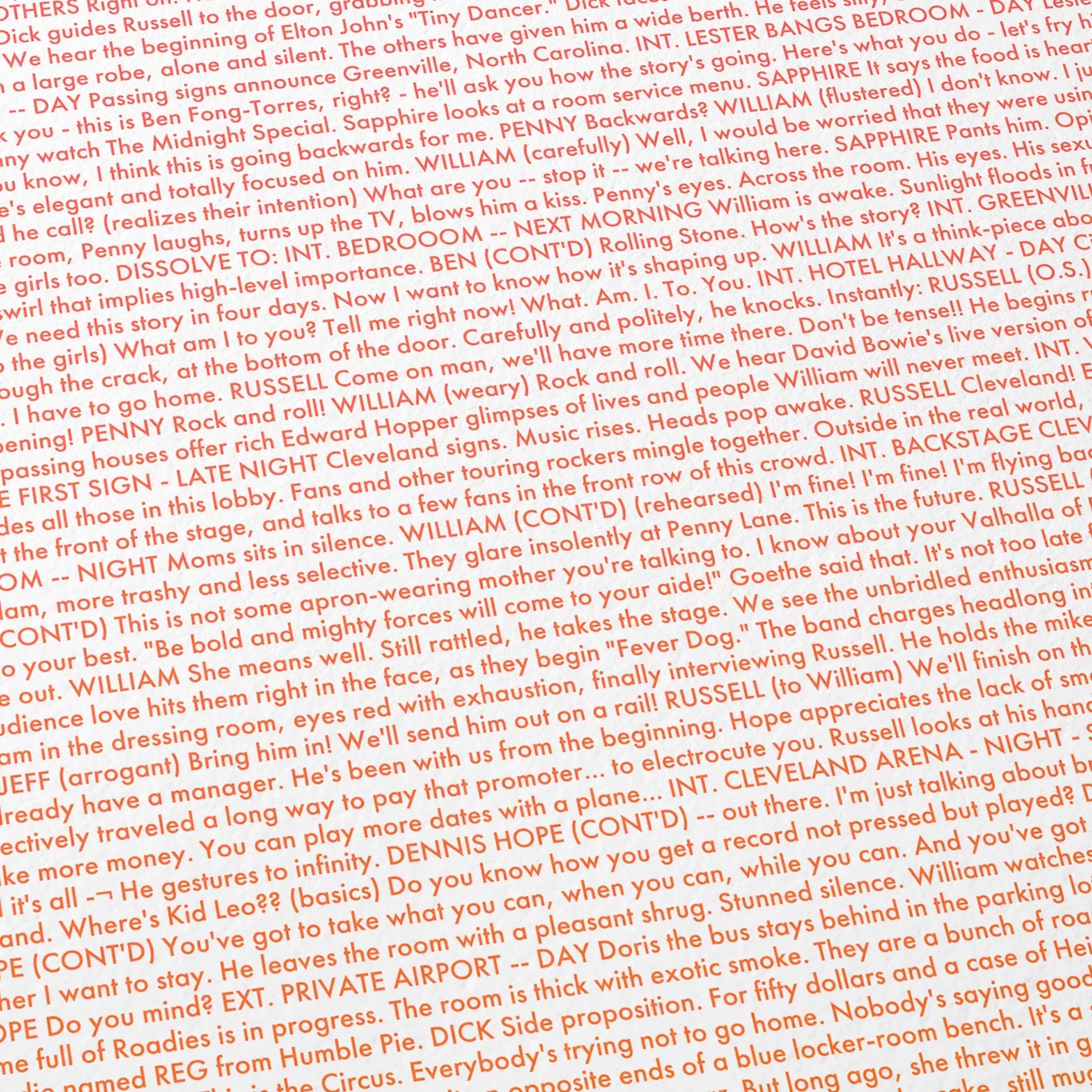Close-up detail of the Almost Famous movie script poster showing dense typographic text.