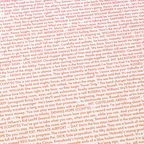 Close-up detail of the Almost Famous movie script poster showing dense typographic text.