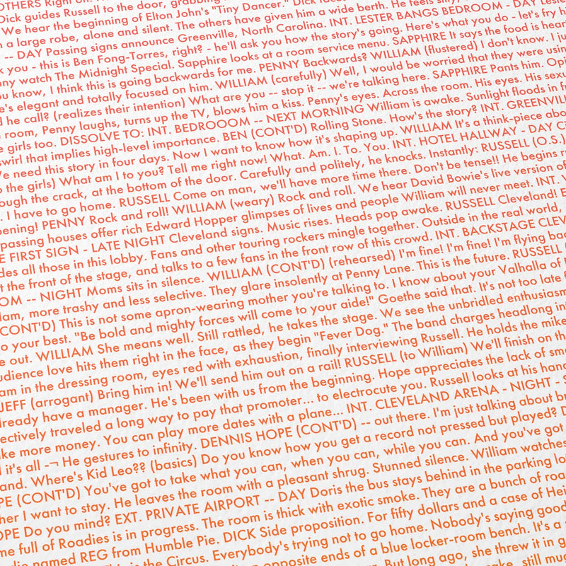 Close-up detail of the Almost Famous movie script poster showing dense typographic text.