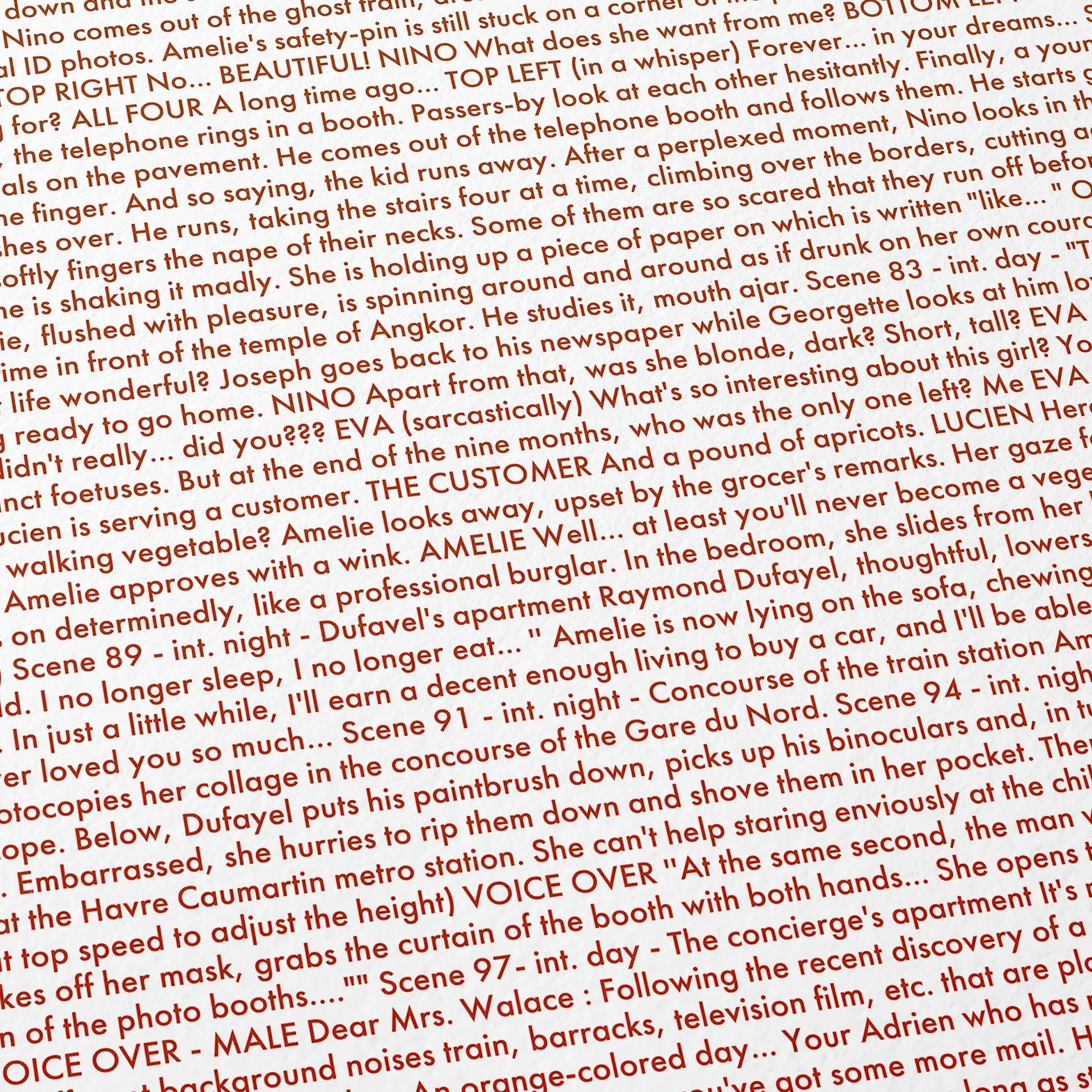 Close-up detail of the Amélie movie script poster showing dense typographic text.