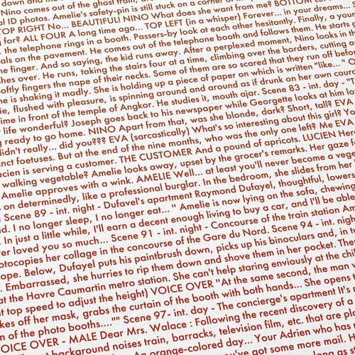 Close-up detail of the Amélie movie script poster showing dense typographic text.