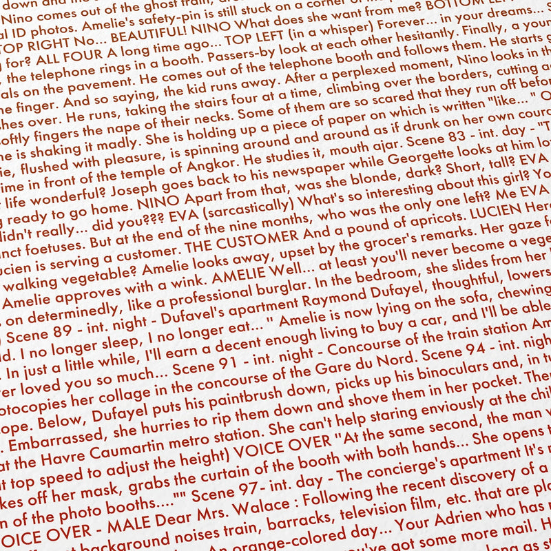 Close-up detail of the Amélie movie script poster showing dense typographic text.