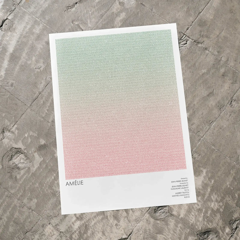 A Amélie movie script poster laid flat on a textured floor surface.