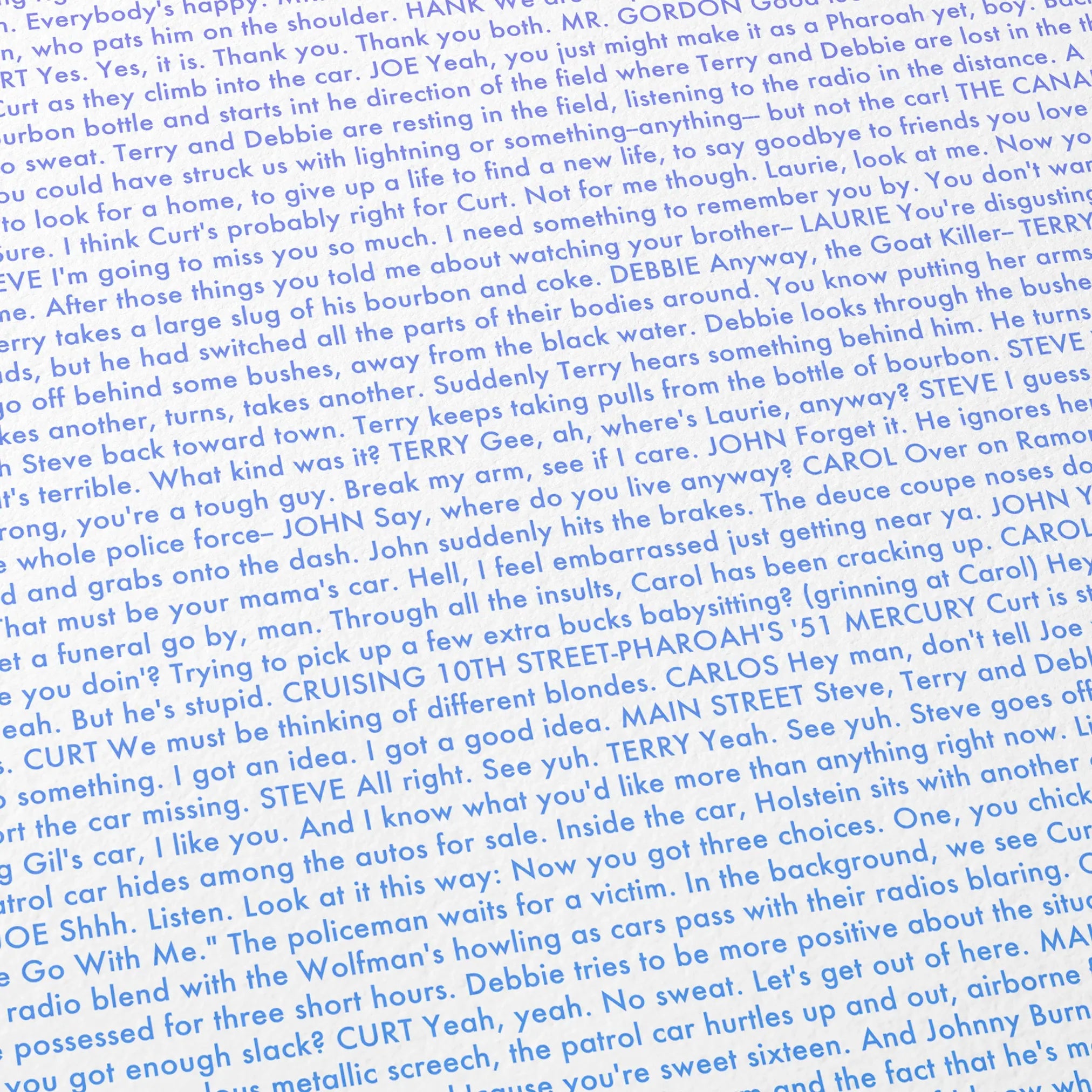 Close-up detail of the American Graffiti movie script poster showing dense typographic text.