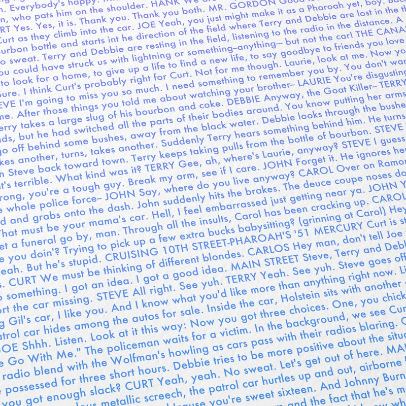 Close-up detail of the American Graffiti movie script poster showing dense typographic text.