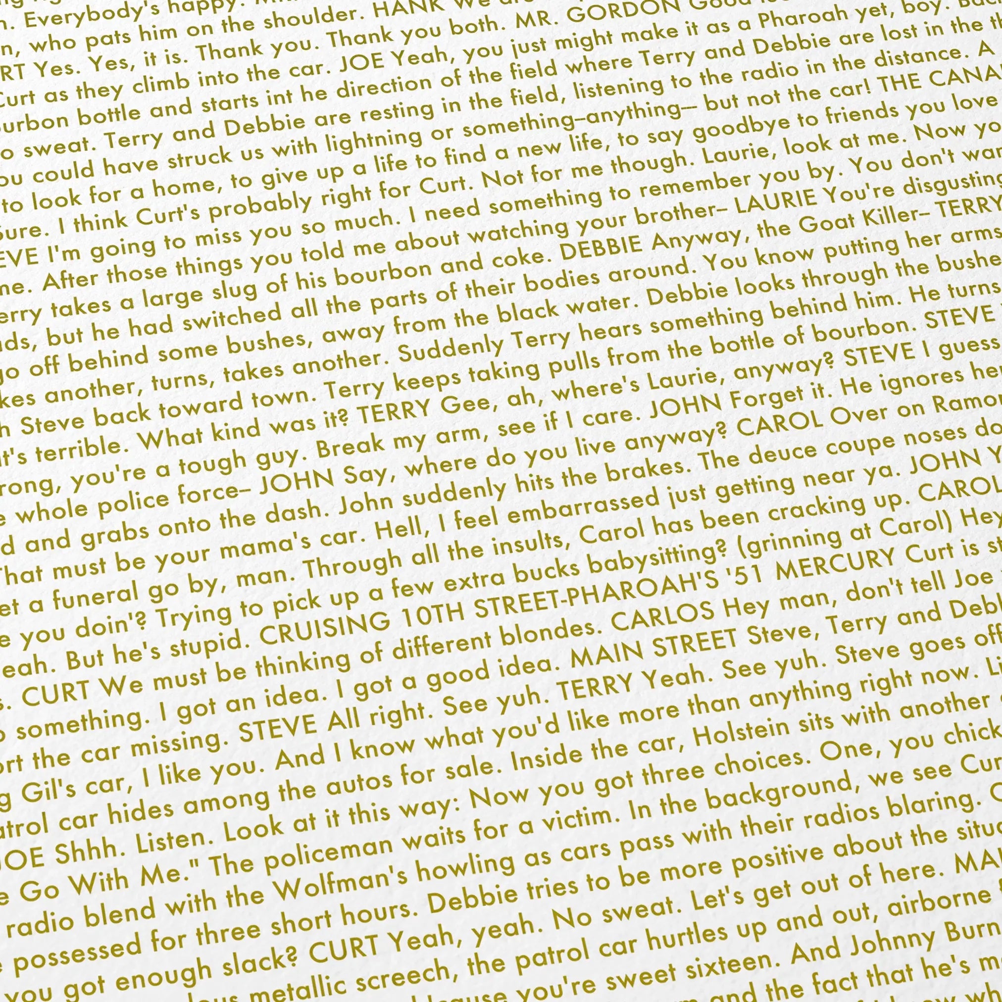 Close-up detail of the American Graffiti movie script poster showing dense typographic text.