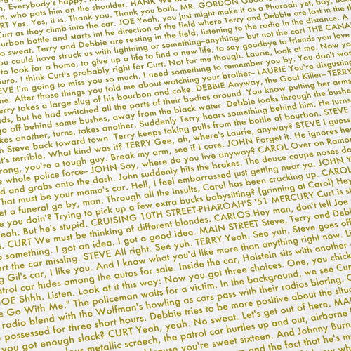 Close-up detail of the American Graffiti movie script poster showing dense typographic text.