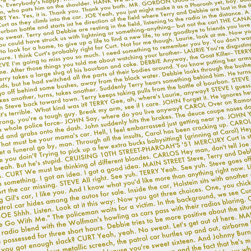 Close-up detail of the American Graffiti movie script poster showing dense typographic text.