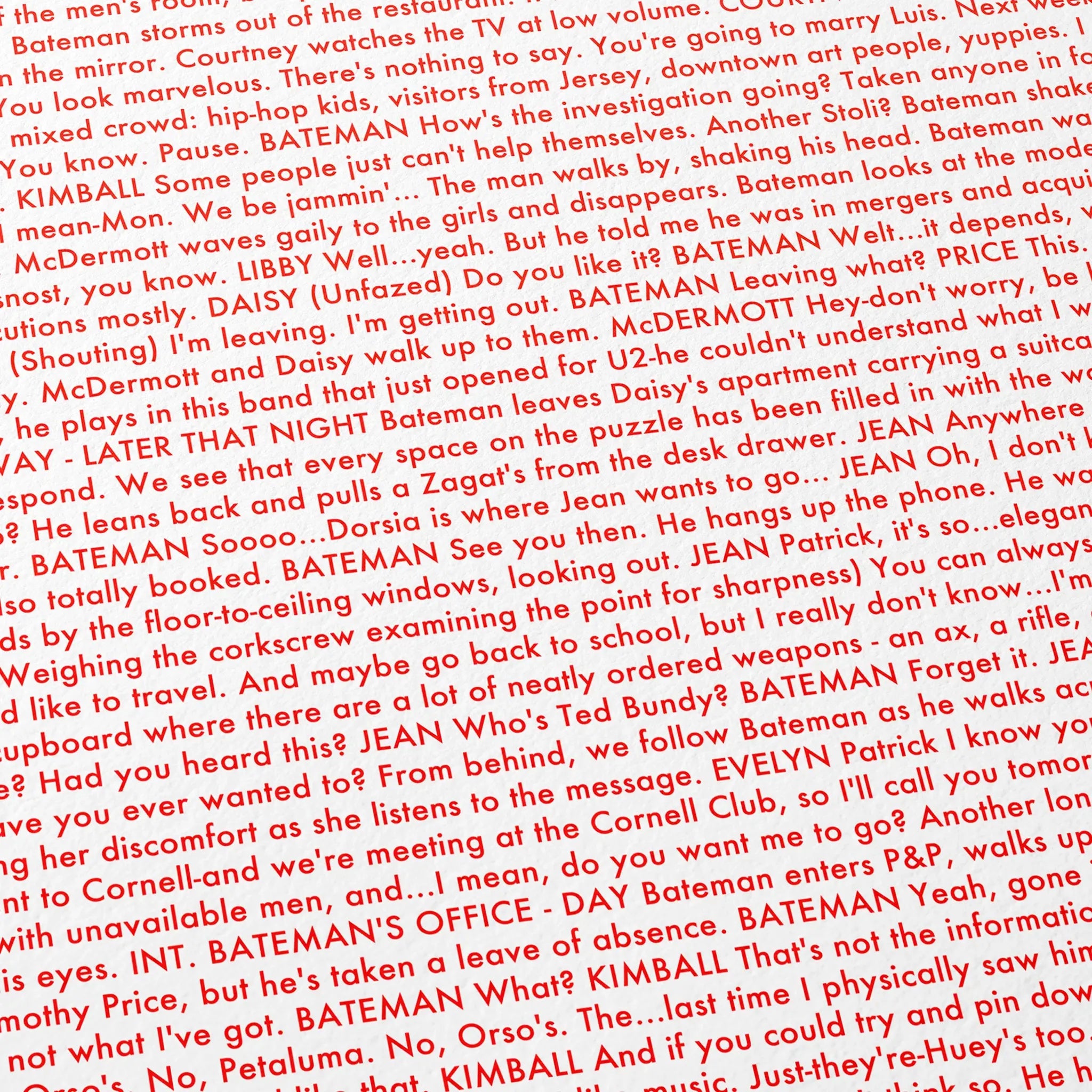 Close-up detail of the American Psycho movie script poster showing dense typographic text.