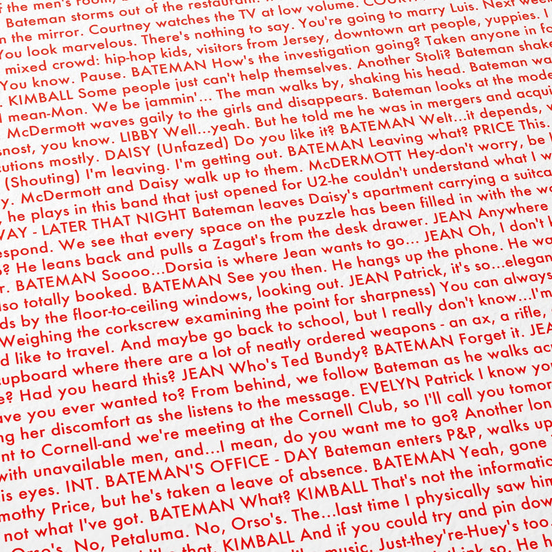 Close-up detail of the American Psycho movie script poster showing dense typographic text.