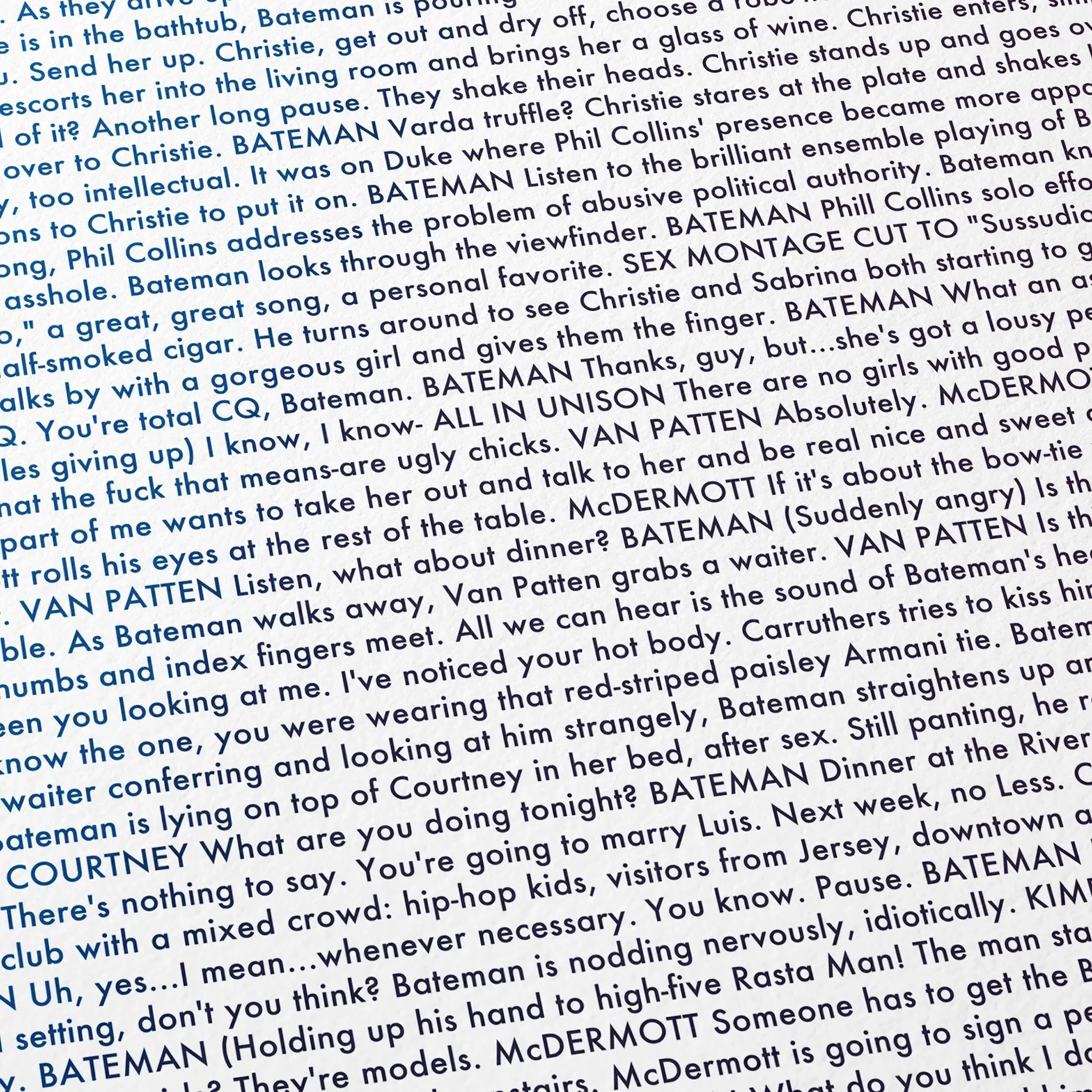 Close-up detail of the American Psycho movie script poster showing dense typographic text.