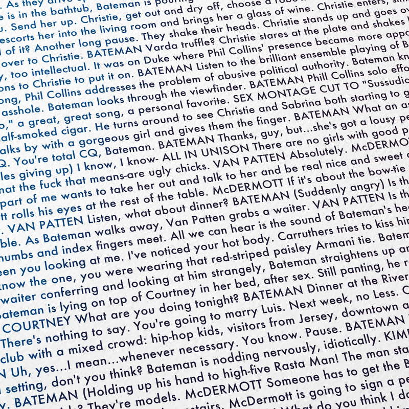 Close-up detail of the American Psycho movie script poster showing dense typographic text.