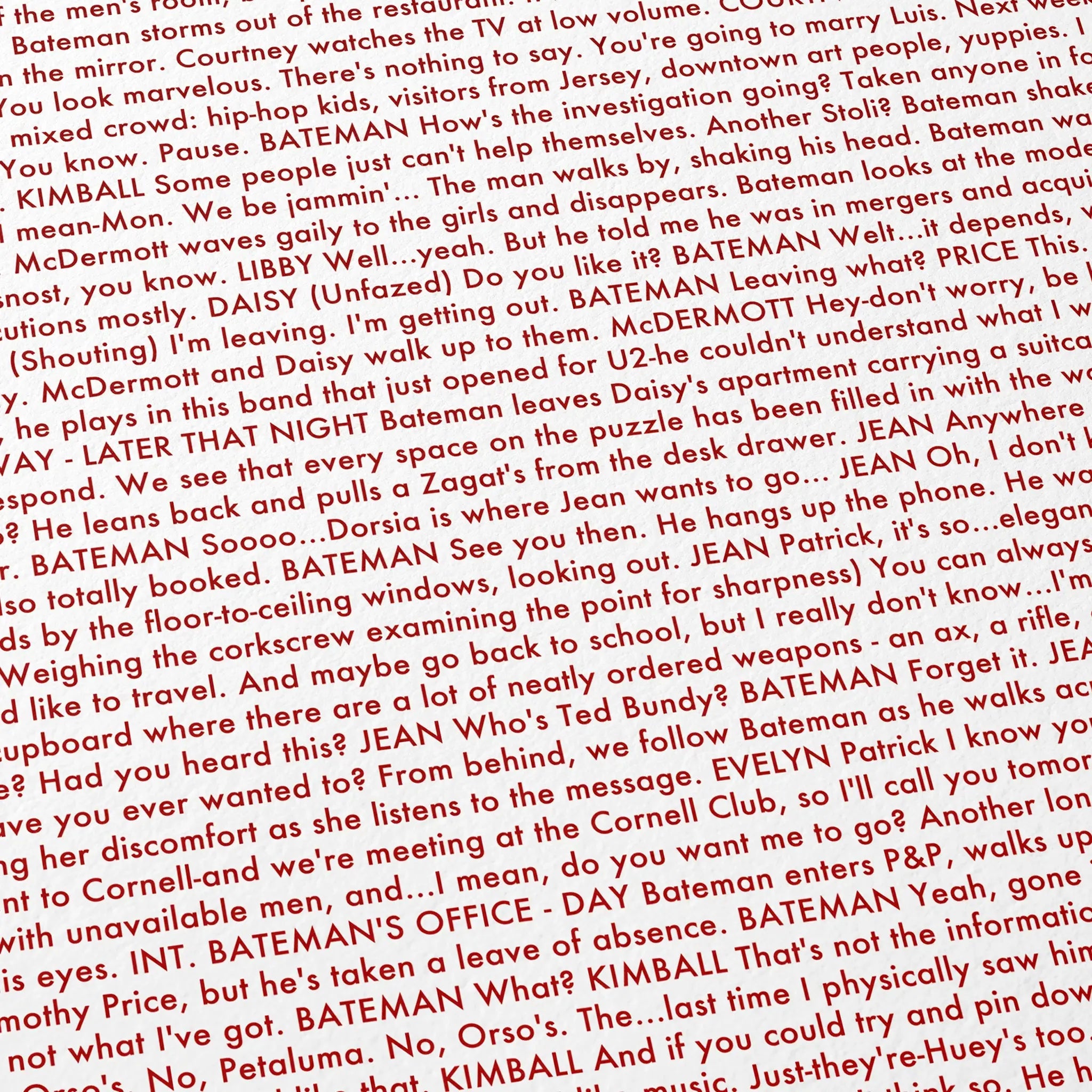 Close-up detail of the American Psycho movie script poster showing dense typographic text.