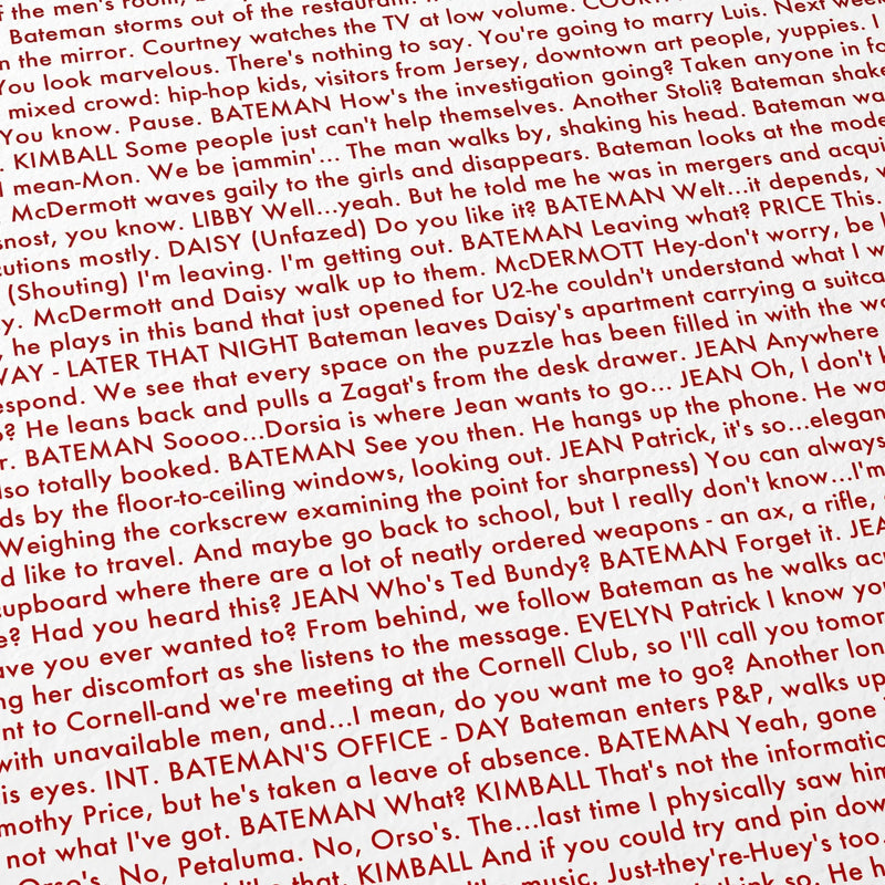 Close-up detail of the American Psycho movie script poster showing dense typographic text.