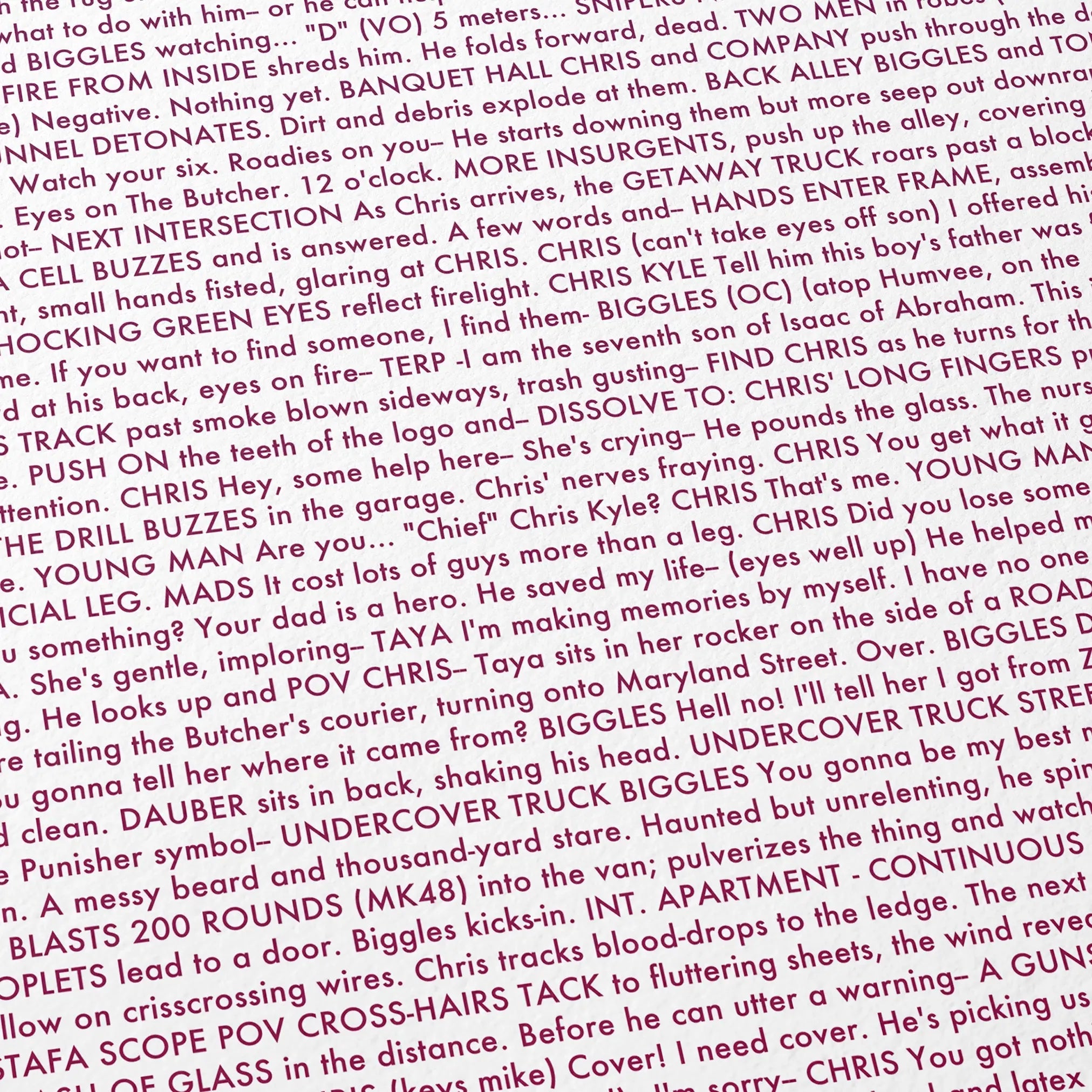 Close-up detail of the American Sniper movie script poster showing dense typographic text.