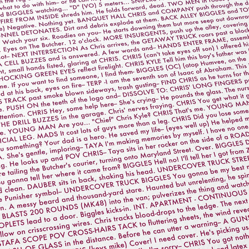 Close-up detail of the American Sniper movie script poster showing dense typographic text.
