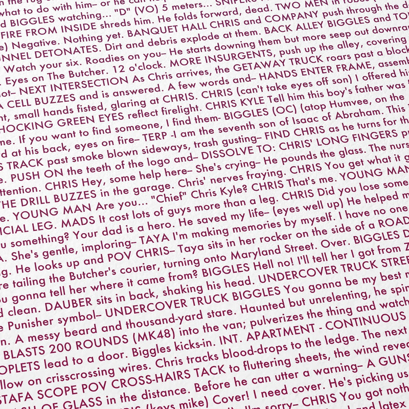 Close-up detail of the American Sniper movie script poster showing dense typographic text.