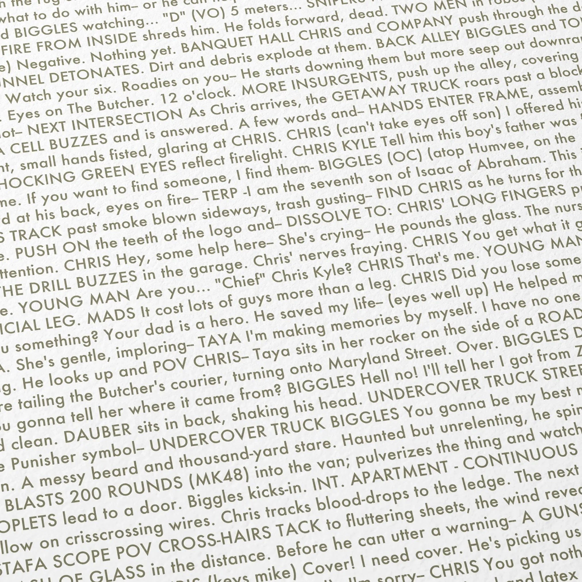 Close-up detail of the American Sniper movie script poster showing dense typographic text.