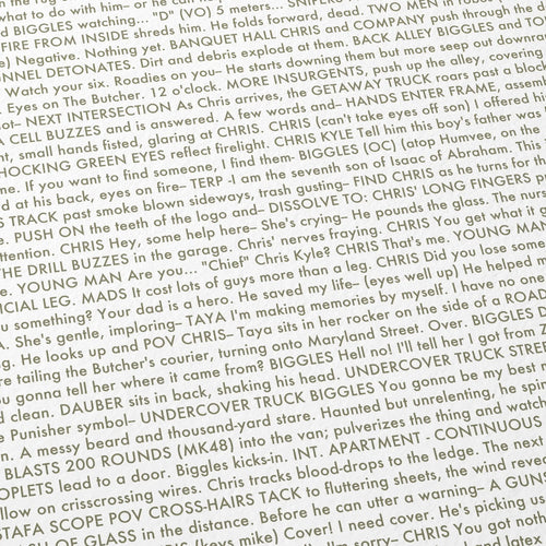 Close-up detail of the American Sniper movie script poster showing dense typographic text.