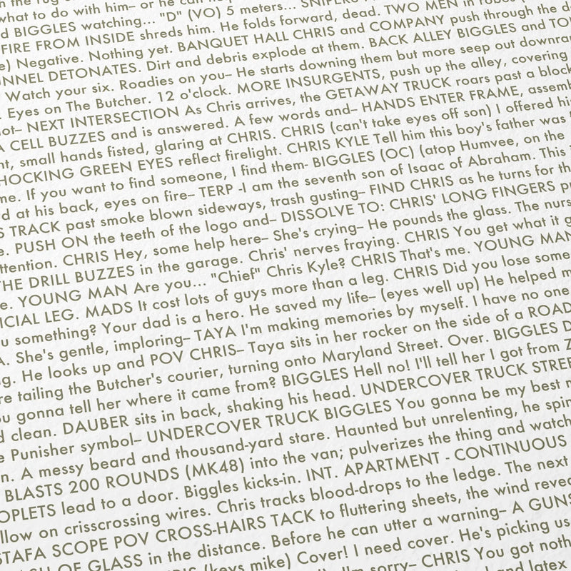 Close-up detail of the American Sniper movie script poster showing dense typographic text.