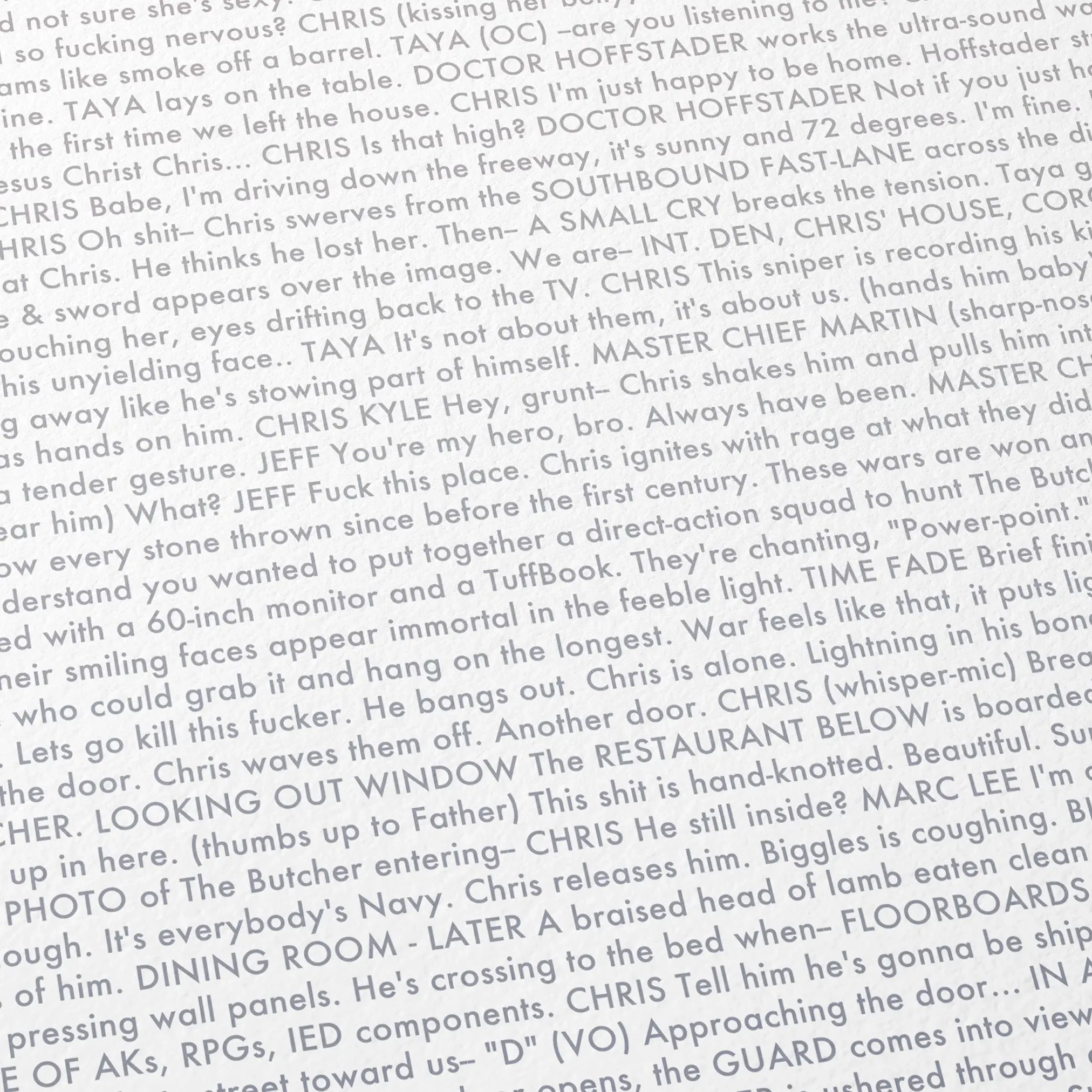 Close-up detail of the American Sniper movie script poster showing dense typographic text.
