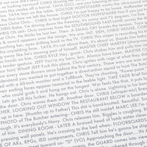 Close-up detail of the American Sniper movie script poster showing dense typographic text.