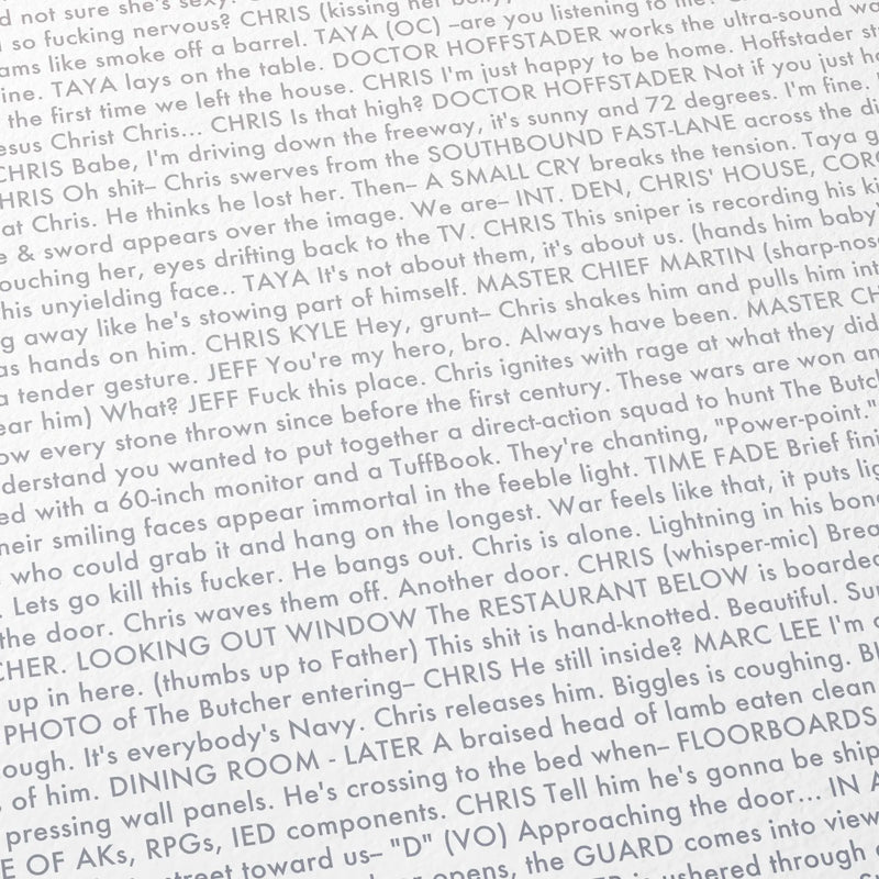 Close-up detail of the American Sniper movie script poster showing dense typographic text.