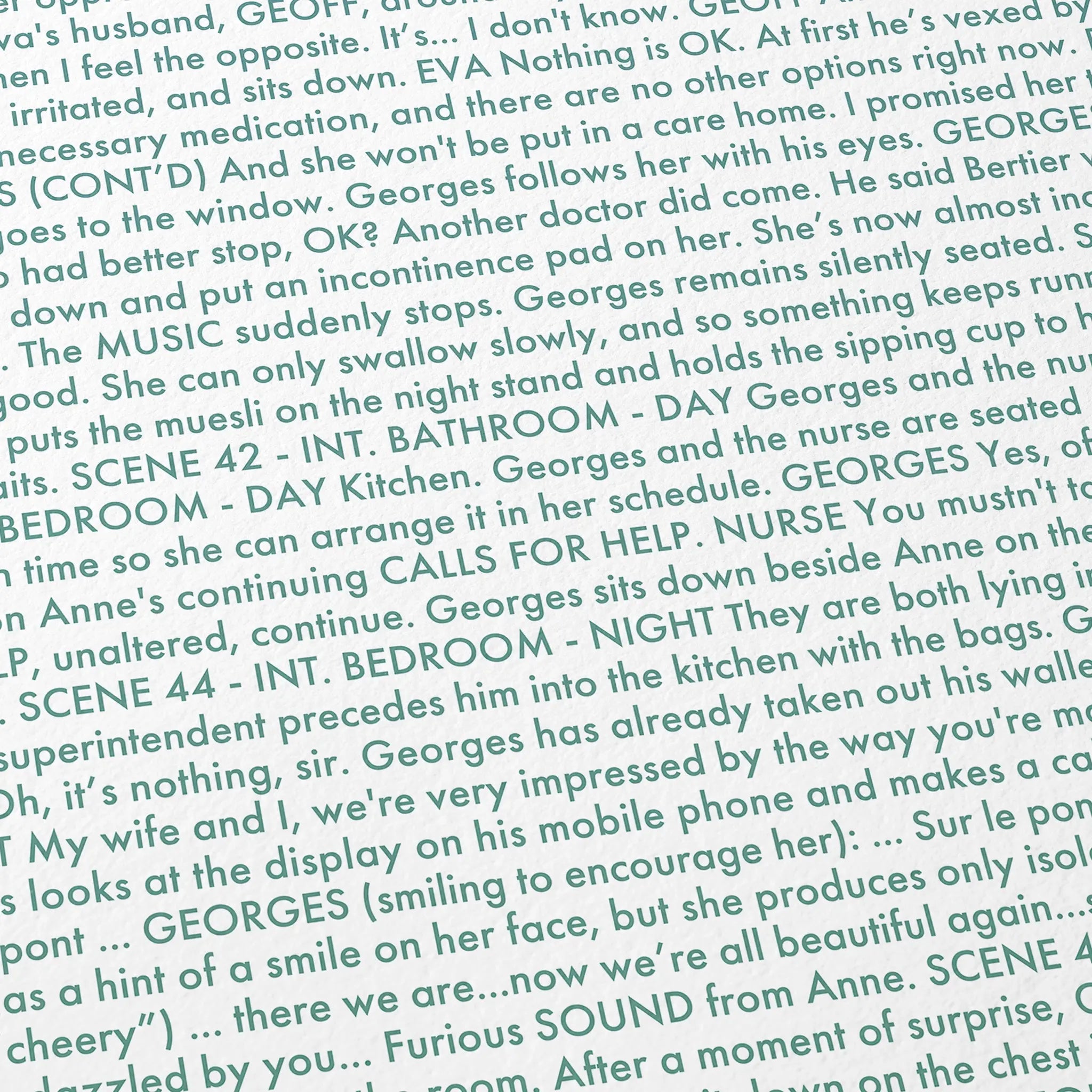 Close-up detail of the Amour movie script poster showing dense typographic text.