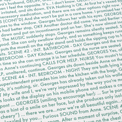 Close-up detail of the Amour movie script poster showing dense typographic text.
