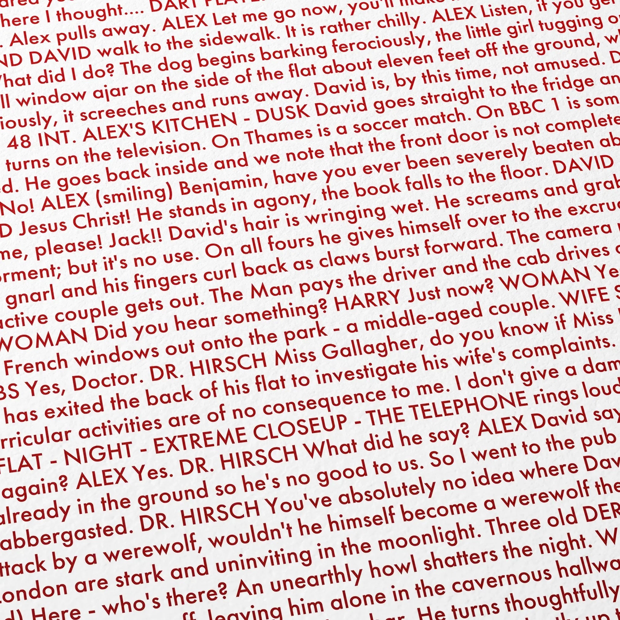 Close-up detail of the An American Werewolf in London movie script poster showing dense typographic text.