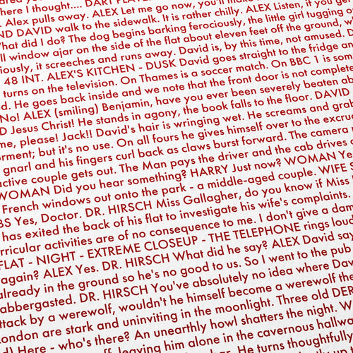 Close-up detail of the An American Werewolf in London movie script poster showing dense typographic text.