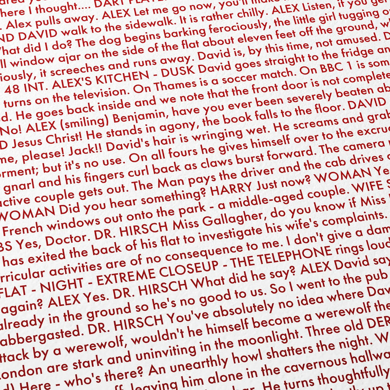 Close-up detail of the An American Werewolf in London movie script poster showing dense typographic text.
