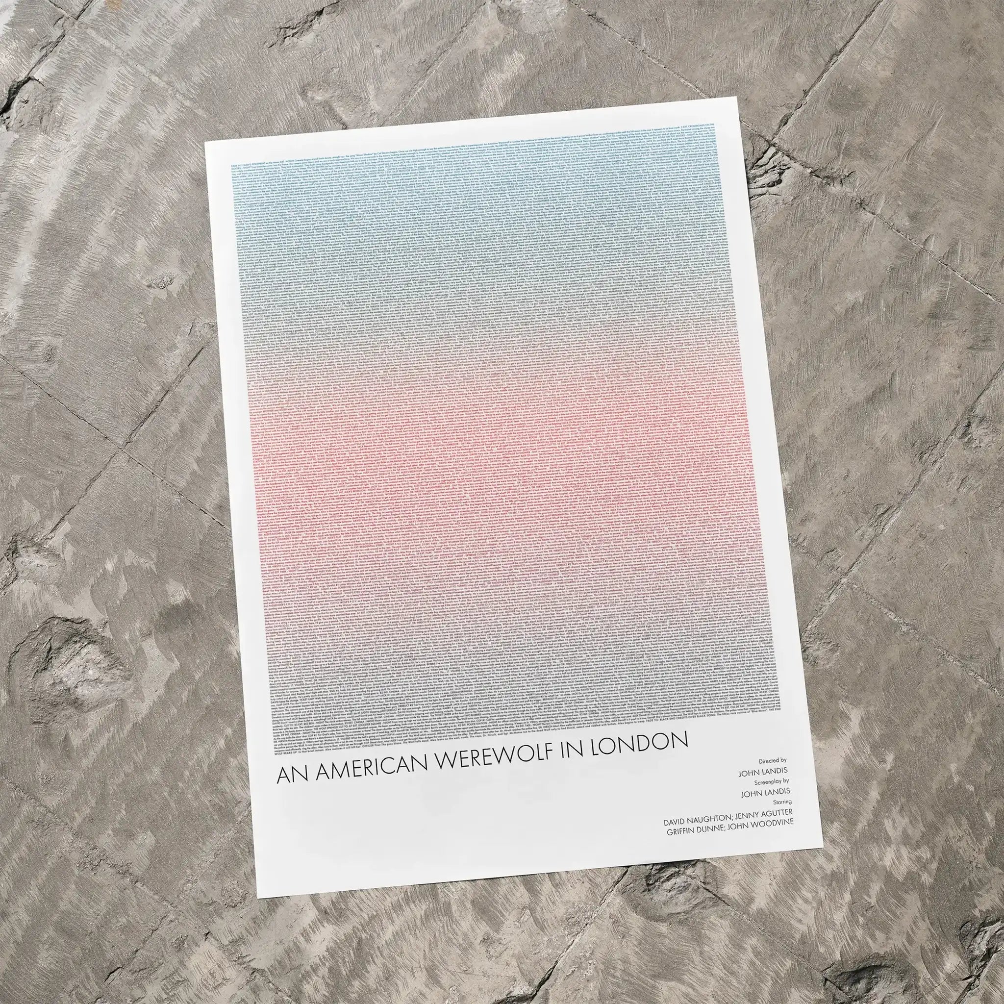 A An American Werewolf in London movie script poster laid flat on a textured floor surface.