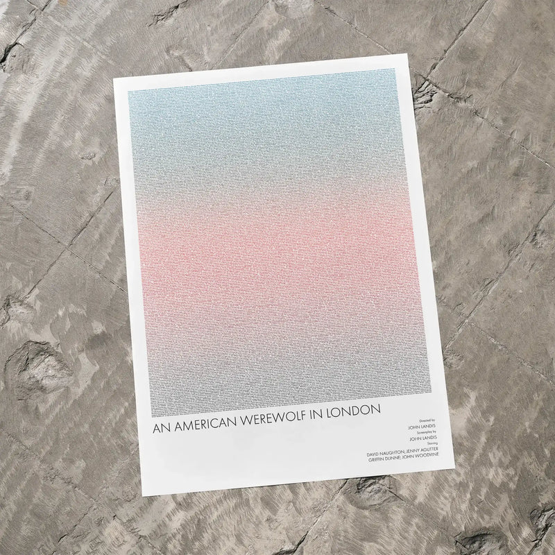 A An American Werewolf in London movie script poster laid flat on a textured floor surface.