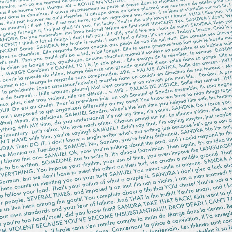 Close-up detail of the Anatomy of a Fall movie script poster showing dense typographic text.